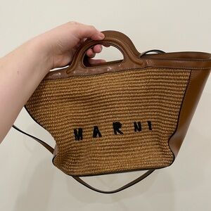 Marni Tropicalia Small Leather-Trimmed Embroidered Raffia Bag